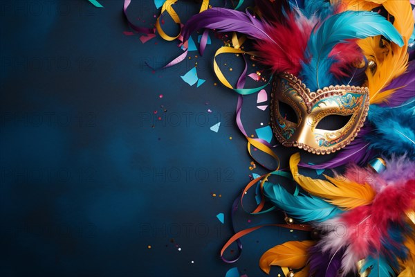 Carnival flat lay with venetian mask, feathers and paper streamers. KI generiert, generiert AI generated
