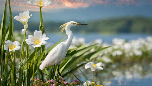 KI generated, animal, animals, bird, birds, biotope, habitat, a, individual, water, reeds, water lilies, blue sky, foraging, wildlife, summer, seasons, cattle egret (Bubulcus ibis)