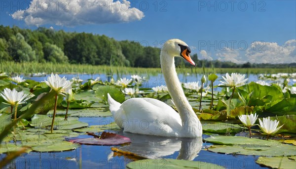 KI generated, animal, animals, bird, birds, biotope, habitat, a, individual, winter, ice, snow, water, reeds, blue sky, foraging, wildlife, seasons, mute swan (Cygnus olor)