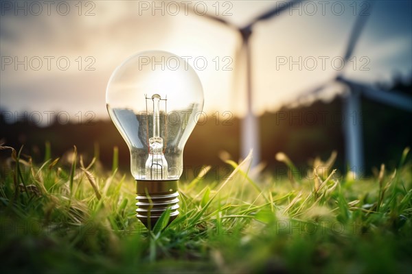 Electric light bulb on grass with wind mills in background. KI generiert, generiert AI generated