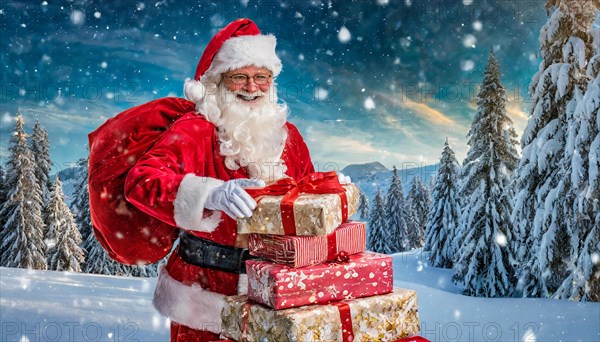 AI generated, man, 70+, Father Christmas, red coat, backpack, full beard, winter, snow, ice, fir trees, snowy, snowflakes, winter landscape, Christmas hat, costume, clothes, colourful, colourful presents, packages, nice teeth, smiles, friendly, Christmas, evening, night shot, winter forest