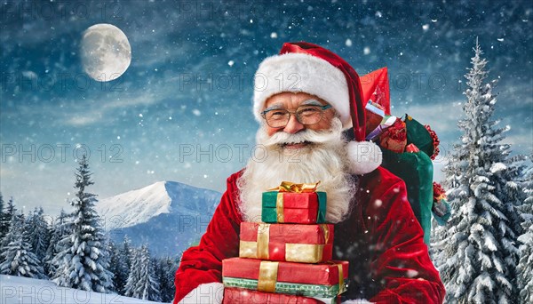 AI generated, man, 70+, Father Christmas, red coat, backpack, full beard, winter, snow, ice, fir trees, snowy, snowflakes, winter landscape, Christmas hat, costume, clothes, colourful, colourful presents, packages, nice teeth, smiles, friendly, Christmas, evening, night shot, winter forest, full moon
