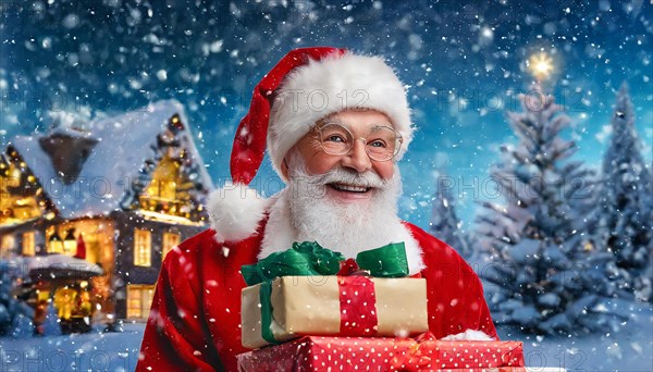 AI generated, man, 70+, Father Christmas, red coat, backpack, full beard, winter, snow, ice, fir trees, snowy, snowflakes, winter landscape, Christmas hat, costume, clothes, colourful, colourful presents, packages, nice teeth, smiles, friendly, Christmas, evening, night shot, winter forest, illuminated house in the background