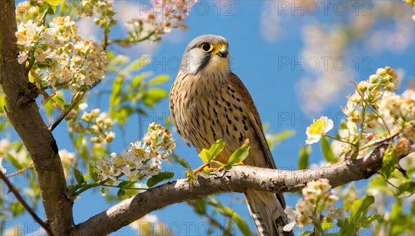 Ai generated, animal, animals, bird, birds, biotope, habitat, a, individual, perches, branch, common kestrel (Falco tinnunculus), tree blossom, fruit tree