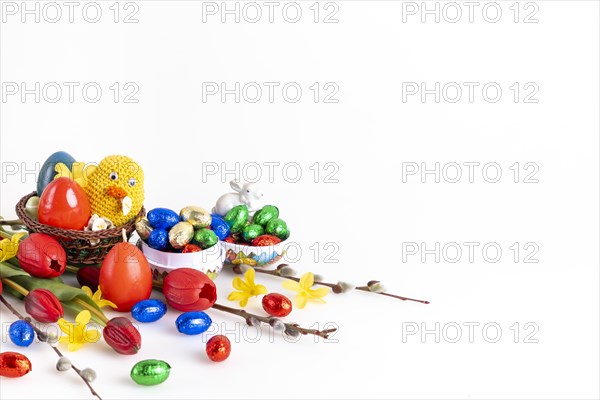 Easter decoration with colourful chocolate eggs and spring flowers, white background, copy room