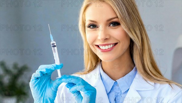 AI generated, RF, woman, woman, doctor, female doctor, 25, 30, years, attractive, attractive, doctor's office, holds a syringe in her hand, disposable syringe, flu shot, corona, pneumococcal, prevention, health, blonde, blonde, beautiful teeth, long hair