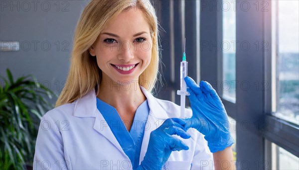 AI generated, RF, woman, woman, doctor, female doctor, 25, 30, years, attractive, attractive, doctor's office, holds a syringe in her hand, disposable syringe, flu shot, corona, pneumococcal, prevention, health, blonde, blonde, beautiful teeth, long hair