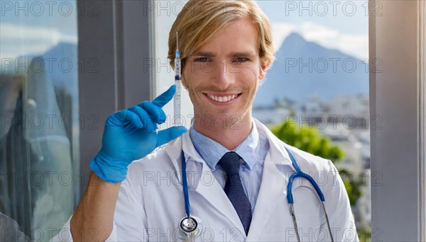 Ai generated, RF, man, men, doctor, doctors, 30, 35, years, attractive, attractive, doctor's office, holds a syringe in his hand, disposable syringe, flu shot, corona, pneumococcus, prevention, health, smiles, beautiful teeth, bearded man