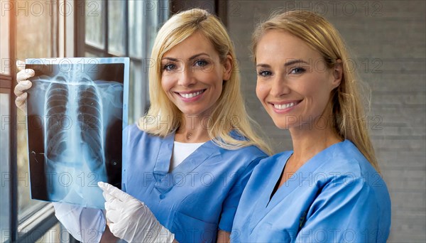 KI generated, RF, woman, woman, two, female, doctor, doctor team, team, 30+, years, attractive, attractive, doctor's office, look at an x-ray, x-ray, examination, check-up, health, blond, blonde, blonde, beautiful teeth, long hair, two people, two woman