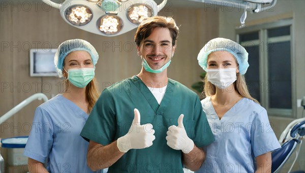 AI generated, RF, woman, woman, man, doctor, doctor team, team, 30, years, attractive, attractive, doctor's office, operating theatre, operating room, examination, prevention, health, blond, blonde, blonde, beautiful teeth, long hair, beard bearer, three people, two. woman, one doctor, AI generated