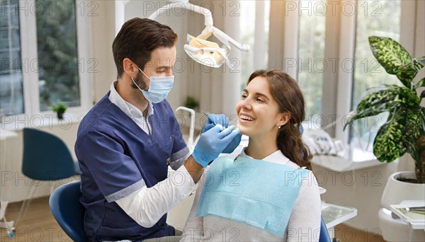 AI generated, A dentist treats a young woman, Blonde, 30, 35, years, Dental treatment, Follow-up examination, Dentist has a beard, AI generated