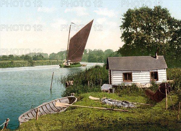 Eel fishing hut on the Bore, Bure River, England, c. 1890, Historic, digitally restored reproduction from a 19th century original Eel fishing hut on the Bore, c. 1890, Historic, digitally restored reproduction from a 19th century original