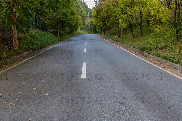 Rural two lane paved road lined with lush foliage in countryside with CCTV cameras in distance in South Korea