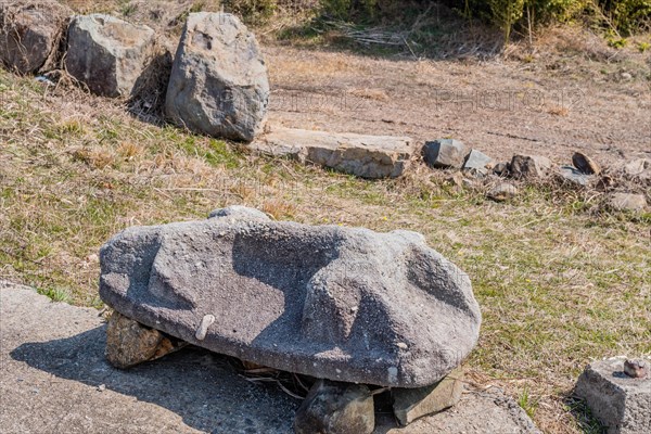 Ancient capstone excavated at ruins of stone fortress in Yeosu, South Korea, Asia