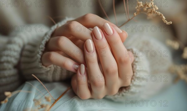 Female hands with pink nail design. Nail polish manicure AI generated