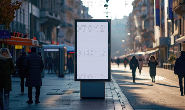 Blank street billboard on city street. Mock up of vertical advertising stand in the street AI generated