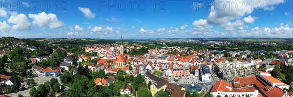 Aerial view of Dingolfing with a view of the historic town centre. Dingolfing, Lower Bavaria, Bavaria, Germany, Europe