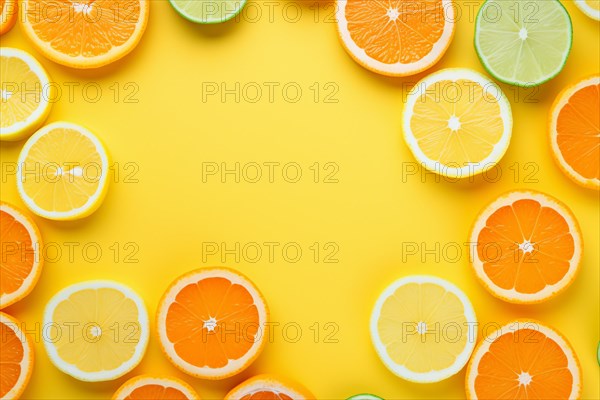 Top view of lemon, lime and orange slices on yellow background with copy space. KI generiert, generiert AI generated