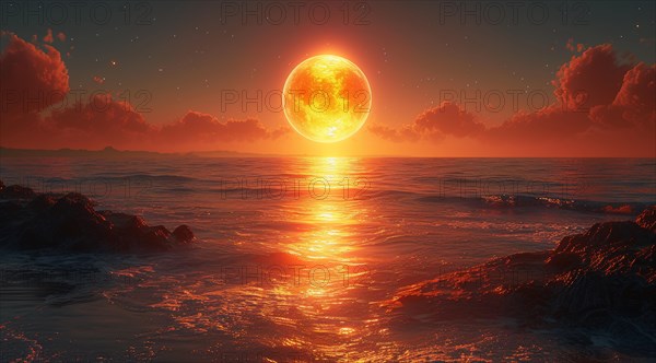 Full moon over calm ocean waters with a striking reflection, AI generated