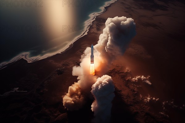 Aerial view of a rocket launch at sunrise sunset over an ocean coast. The rocket is blasting off with a trail of smoke and flames behind it, AI generated