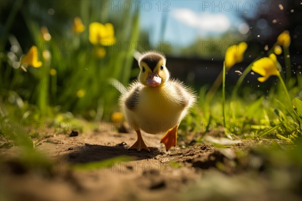 A close-up of a cute duckling standing in a sunlit meadow, with other ducklings and wildflowers in the background, AI generated