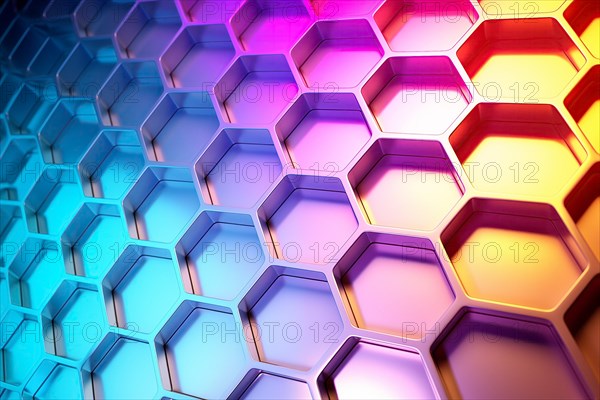 Metallic honeycomb pattern illuminated with vibrant gradient colors abstract background, AI generated