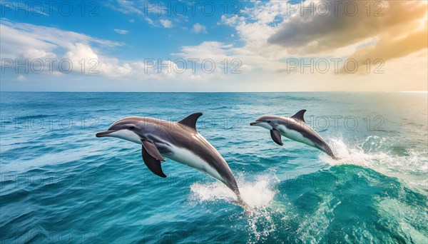 AI generated, animal, animals, mammal, mammals, biotope, habitat, two, foraging, wildlife, dolphin, elfine, dolphin, dolphins (Delphinidae) (Delphinus delphis), sideways