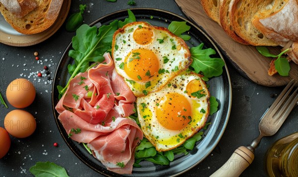 Fried eggs with ham, arugula and tomatoes on black background AI generated