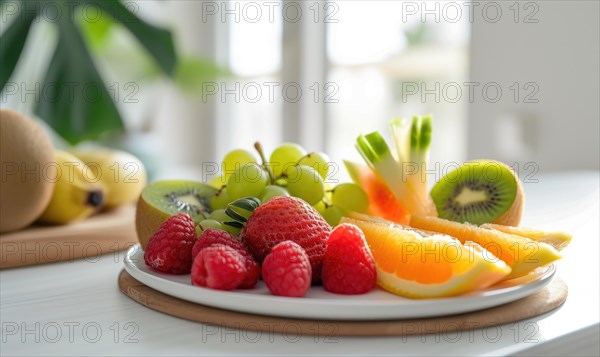 Fresh fruits on a white plate in the kitchen. Healthy eating AI generated