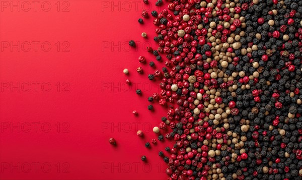 Top view of pink and black pepper peppercorns on pink background AI generated