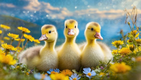 AI generated, animal, animals, bird, birds, biotope, habitat, one, individual, foraging, wildlife, goose, domestic goose, domestic geese, (Anser anser), female, gosling, gosling, yellow gosling, swim, pond, body of water, water, lie, meadow, flowers, summer, two, three, four, pet, domestic animals, farm animal, farm animals