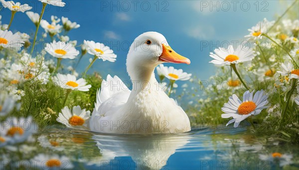 AI generated, animal, animals, bird, birds, biotope, habitat, one, individual, foraging, wildlife, goose, domestic goose, domestic geese, (Anser anser), female, gosling, gosling, yellow gosling, swim, pond, body of water, water, lie, meadow, flowers, summer, two, three, four, pet, domestic animals, farm animal, farm animals