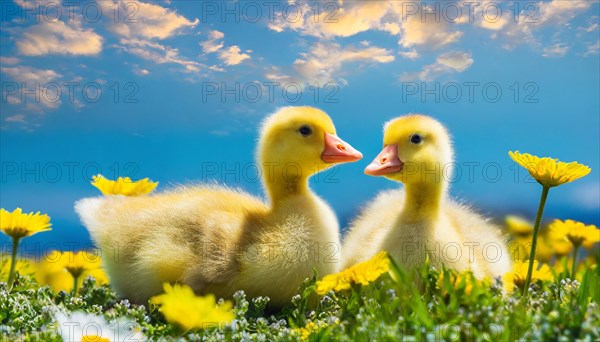 AI generated, animal, animals, bird, birds, biotope, habitat, one, individual, foraging, wildlife, goose, domestic goose, domestic geese, (Anser anser), female, gosling, gosling, yellow gosling, swim, pond, body of water, water, lie, meadow, flowers, summer, two, three, four, pet, domestic animals, farm animal, farm animals