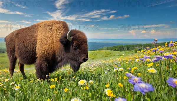 KI generated, animal, animals, mammal, mammals, biotope, habitat, one, single animal, foraging, wildlife, bison, North America, Buffalo, wild cattle, (Bison bonasus), summer, prairie, flower meadow, sideways