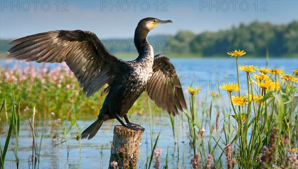 Ai generated, animal, animals, bird, birds, biotope, habitat, a, single animal, stands on pole, waters, reeds, water lilies, blue sky, foraging, wildlife, summer, seasons, great cormorant (Phalacrocorax carbo), dries its plumage, spreads its wings