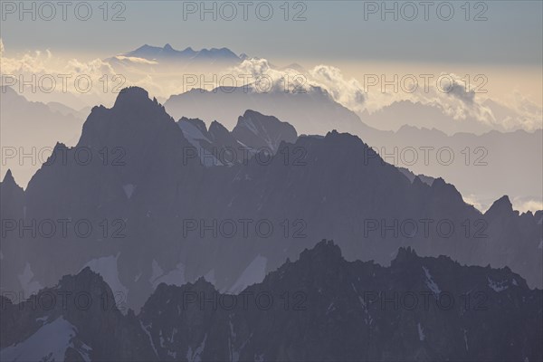 Mountain peak with glacier at sunrise, Mont Blanc massif, French Alps, Chamonix, France, Europe