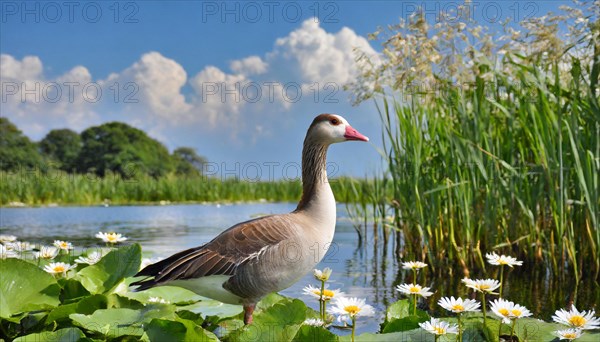 Ai generated, animal, animals, bird, birds, biotope, habitat, an, individual, swims, waters, reeds, water lilies, blue sky, foraging, wildlife, summer, seasons, greater white-fronted goose (Anser albifrons)