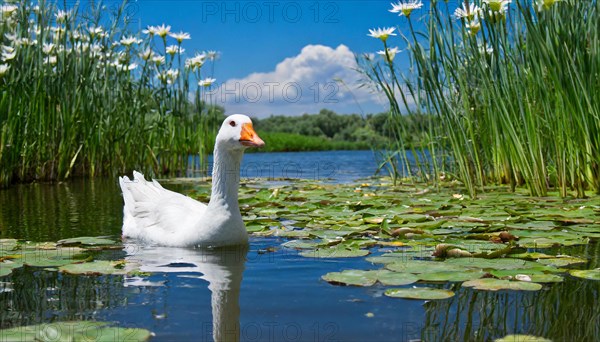 Ai generated, animal, animals, bird, birds, biotope, habitat, an, individual, swims, waters, reeds, water lilies, blue sky, foraging, wildlife, summer, seasons, domestic goose, geese, geese, geese birds, (Anser anser)