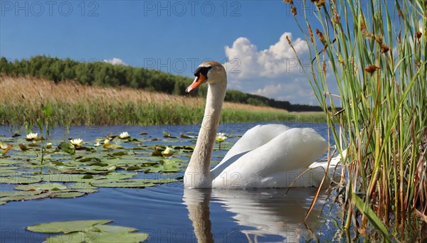 Ai generated, animal, animals, bird, birds, biotope, habitat, a, individual, swims, waters, reeds, water lilies, blue sky, foraging, wildlife, summer, seasons, mute swan (Cygnus olor)