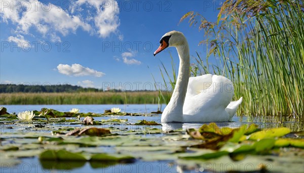 Ai generated, animal, animals, bird, birds, biotope, habitat, a, individual, swims, waters, reeds, water lilies, blue sky, foraging, wildlife, summer, seasons, mute swan (Cygnus olor)