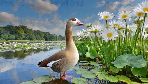 Ai generated, animal, animals, bird, birds, biotope, habitat, a, individual, swims, waters, reeds, water lilies, blue sky, foraging, wildlife, summer, seasons, Nile goose, goose, geese, geese birds, (Alopochen aegyptiaca)