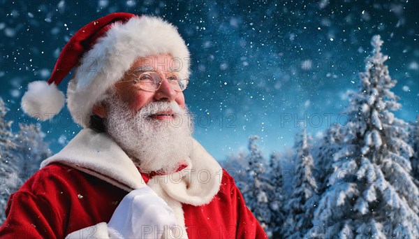 AI generated, man, 70+, Father Christmas, red coat, backpack, full beard, winter, snow, ice, fir trees, snowy, snowflakes, winter landscape, Christmas hat, costume, clothes, colourful, colourful presents, packages, nice teeth, smiles, friendly, Christmas, evening, night shot, winter forest