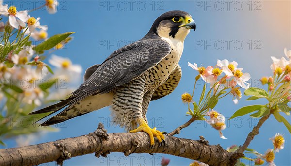 KI generated, animal, animals, bird, birds, biotope, habitat, a, individual, sits, branch, perch, summer, peregrine falcon (Falco peregrinus) flight recording, blue sky, tree blossom, fruit tree, fruit tree blossom