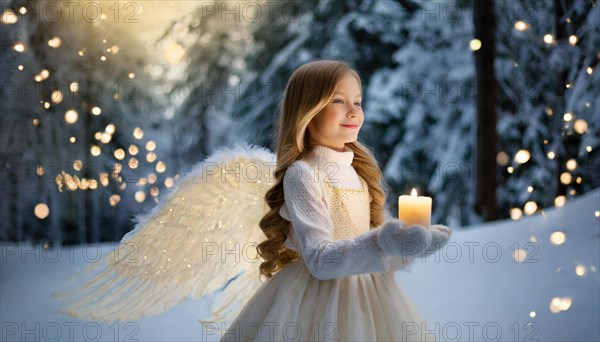 AI generated, girl, angel, winter, snow, ice, firs, snowy, snowflakes, winter landscape, costume, clothes, angel costume, candle, candles, light, lights, beautiful teeth, smiles, friendly, Christmas, evening, night shot, winter forest, church, one person, 8-12 years, burning candle