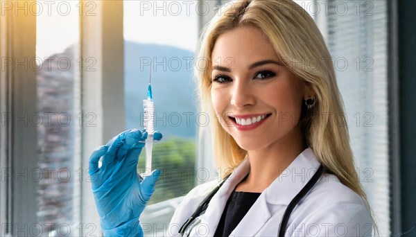 AI generated, RF, woman, woman, doctor, female doctor, 25, 30, years, attractive, attractive, doctor's office, holds a syringe in her hand, disposable syringe, flu shot, corona, pneumococcal, prevention, health, blonde, blonde, beautiful teeth, long hair