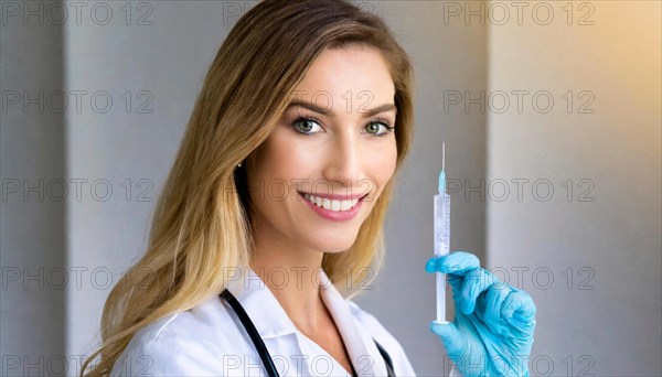 AI generated, RF, woman, woman, doctor, female doctor, 25, 30, years, attractive, attractive, doctor's office, holds a syringe in her hand, disposable syringe, flu shot, corona, pneumococcal, prevention, health, blonde, blonde, beautiful teeth, long hair