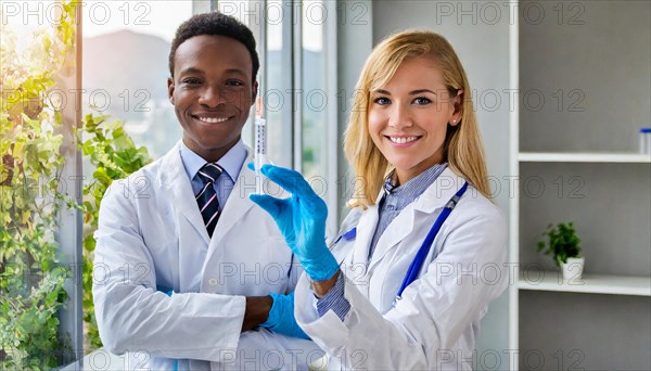 Ai generated, RF, woman, woman, man, men, doctor, female doctor, two, 30-35, years, attractive, attractive, doctor's office, holds a syringe in her hand, disposable syringe, flu shot, corona, pneumococcal, prevention, health, blonde, blond, blonde, beautiful teeth, long hair, two people, German, African