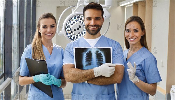 KI generated, RF, woman, woman, man, doctor, medical, medical team, team, 30+, years, attractive, attractive, medical practice, look at an x-ray, x-ray, examination, check-up, health, blond, blonde, blonde, beautiful teeth, long hair, beard bearer, three people