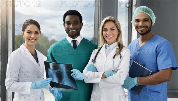 Ai generated, RF, woman, woman, man, men, doctor, female doctor, 25, 30, years, attractive, attractive, doctor's office, holding an x-ray, precaution, health, blond, blonde, blonde, beautiful teeth, long hair, rounds, four, people, bearded, two men, two woman