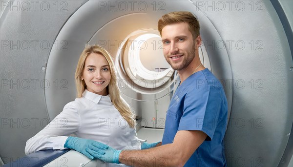 AI generated, RF, woman, woman, doctor, doctors, female doctor, 30, 35, years, attractive, attractive, doctor's office, CT, scan, computer tomography, computer tomography, preventive care, health, smiles, beautiful teeth, generates a three-dimensional X-ray image, modern X-ray machine, X-rays, X-ray image, patient, AI generated